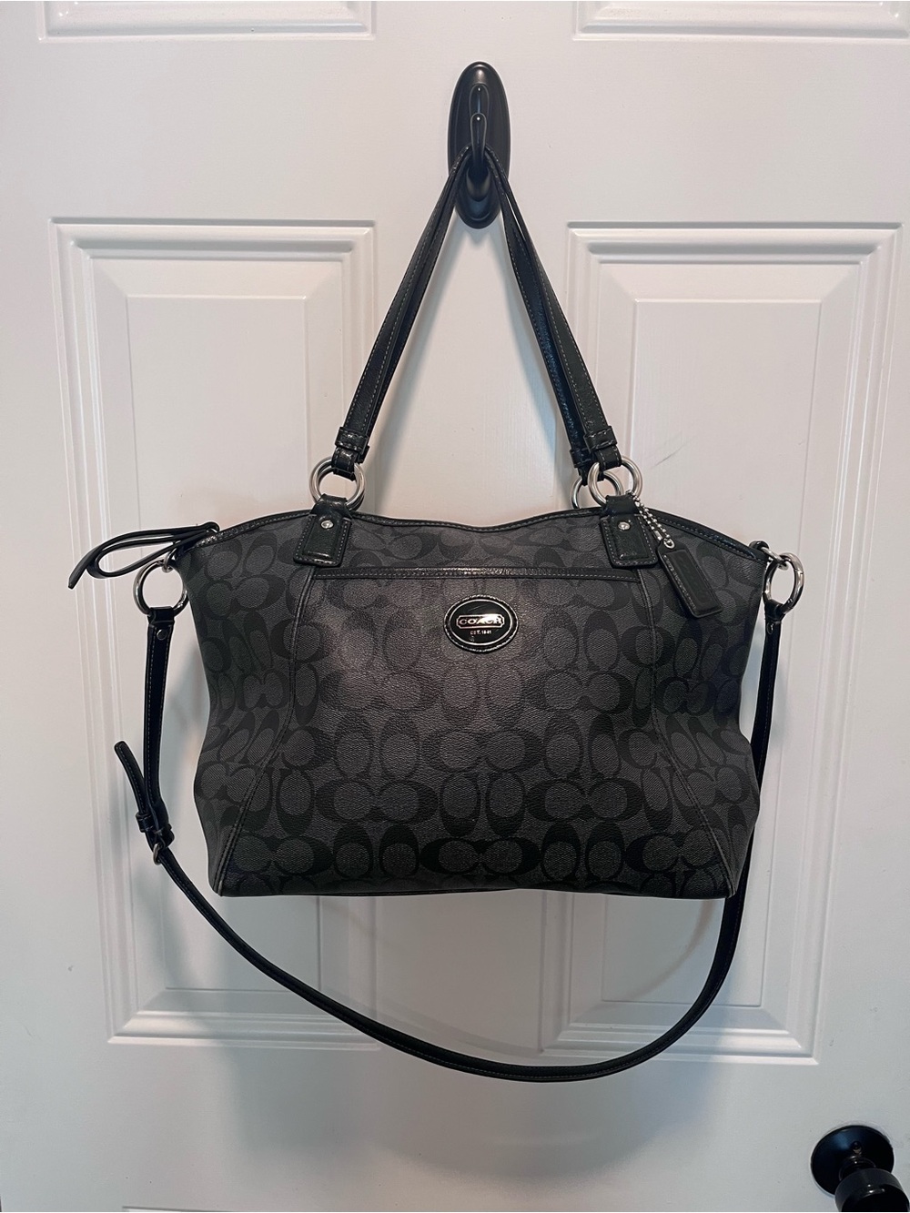 Coach Signature Black Gray Satchel Tote Shoulder Bag with Crossbody Strap